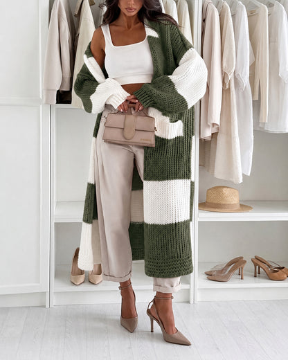 Women's Checkerboard Knit Cardigan Oversized Long Chunky Sweater Loose Lantern Sleeve Coat with Pockets