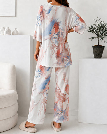 Women's 2 Piece Marble Print Pajama Set Half Sleeve Side Slit Top and Straight Leg Pants Casual Loungewear