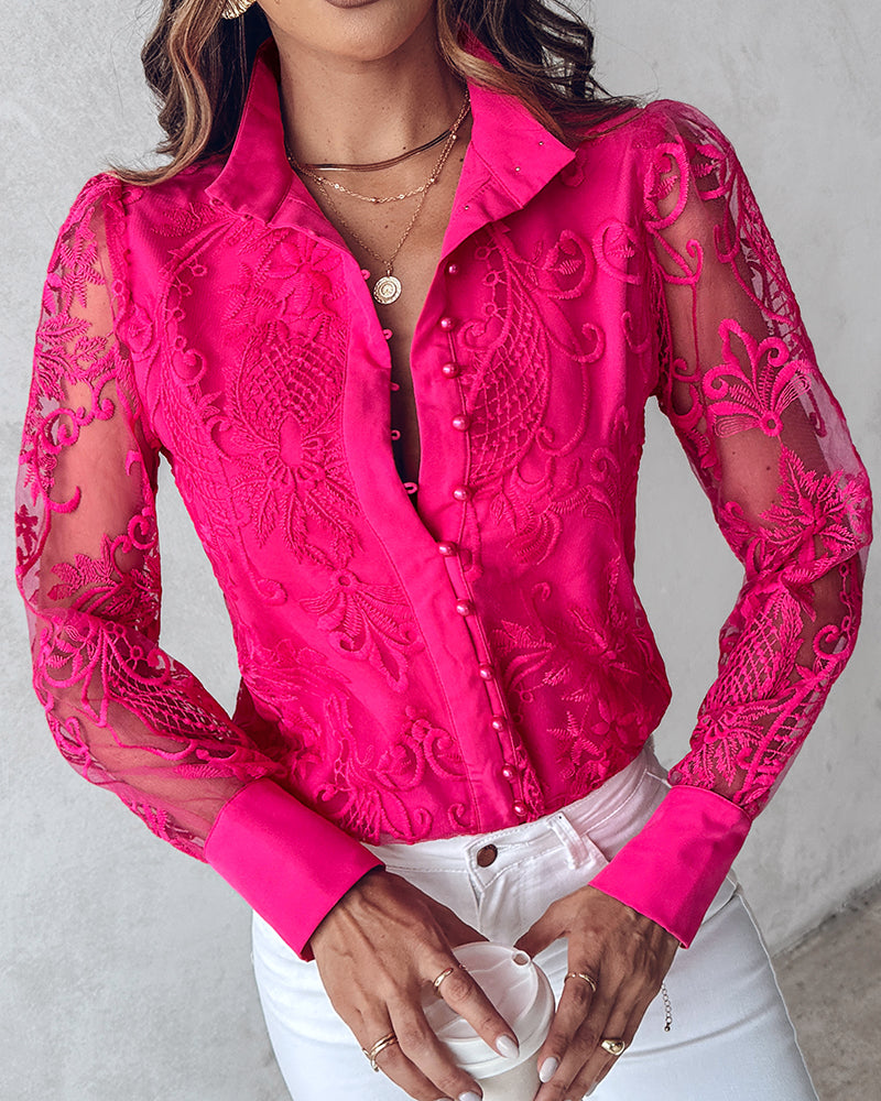 Women's Elegant Mesh Patchwork Shirt Floral Embroidery Stand Collar Pearl Button Long Sleeve Blouse