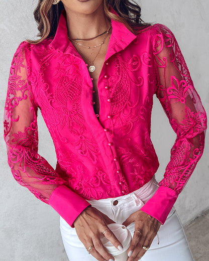 Women's Elegant Mesh Patchwork Shirt Floral Embroidery Stand Collar Pearl Button Long Sleeve Blouse