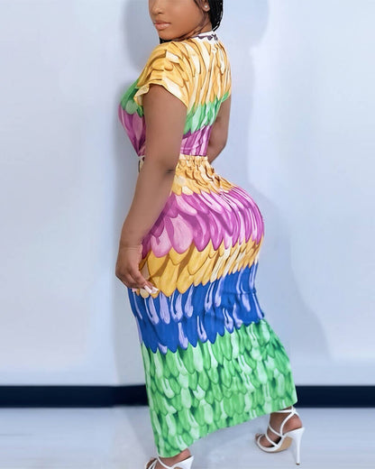 Multi-color Print Deep V-Neck Front Slit Dress Casual Twist Front Cinched Waist Vacation Dress