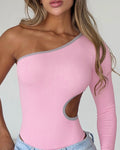 Women's One Shoulder Long Sleeve Ribbed Bodysuit Sexy Cutout Contrast Binding Bodysuit