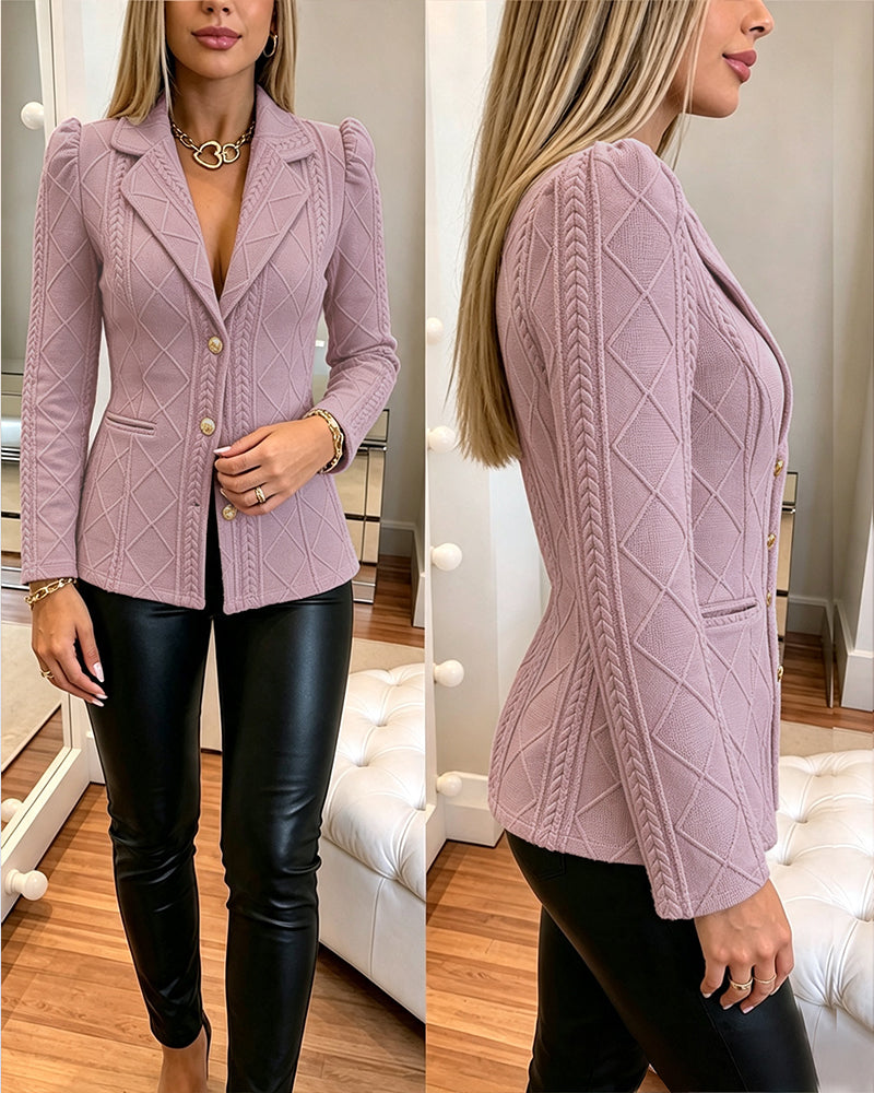 Blazer elegante de mujer con textura de cuadros de rombos, corte entallado, mangas abullonadas y botones dorados, chaqueta de traje para oficina con bolsillos