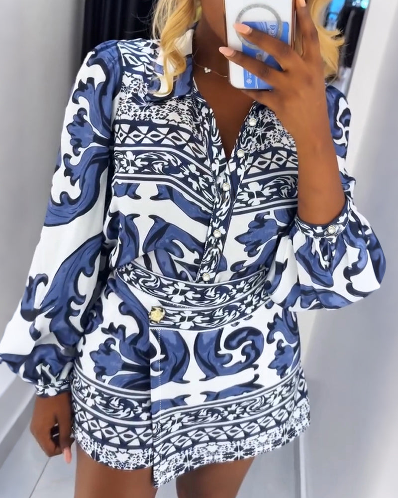 Women's Vintage Print 2 Piece Outfits Turn-down Collar Button Shirt and High Waisted Shorts Set Casual Skort Set