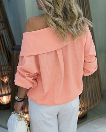 Women's Turn-down Collar Long Sleeve Blouse Casual Gold Button Loose Drawstring Shirt