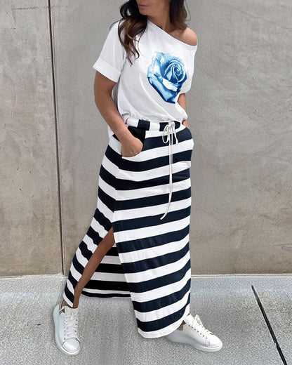 2 Pieces Outfit Floral Print Round Neck Turn-Up Cuffs Top and Casual Striped Drawstring Elastic Waist Side Slit Skirt Set