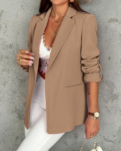 Notched Collar Roll Up Sleeve Blazer Coat