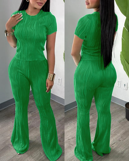 2 Pieces Outfit Round Neck Short Sleeve Crop Top and Elastic Waist Flared Pants Set Slim Fit Textured Set (Multiple Colors Available)