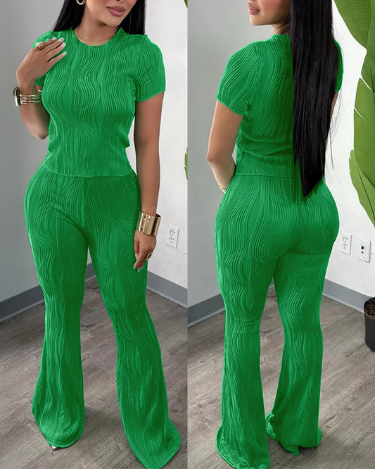 2 Pieces Outfit Round Neck Short Sleeve Crop Top and Elastic Waist Flared Pants Set Slim Fit Textured Set (Multiple Colors Available)