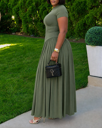 Women's Short Sleeve Crewneck Asymmetric Waist Maxi Dress Ruched A-Line Dress