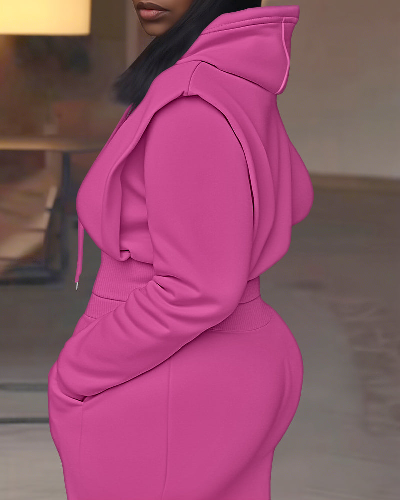 2 Pieces Outfit Long Sleeve Crop Drawstring Hoodie Sweatshirt With Thumb Hole Cuffs And Casual Drawstring Elastic Waist Wide Leg Sweatpants Set