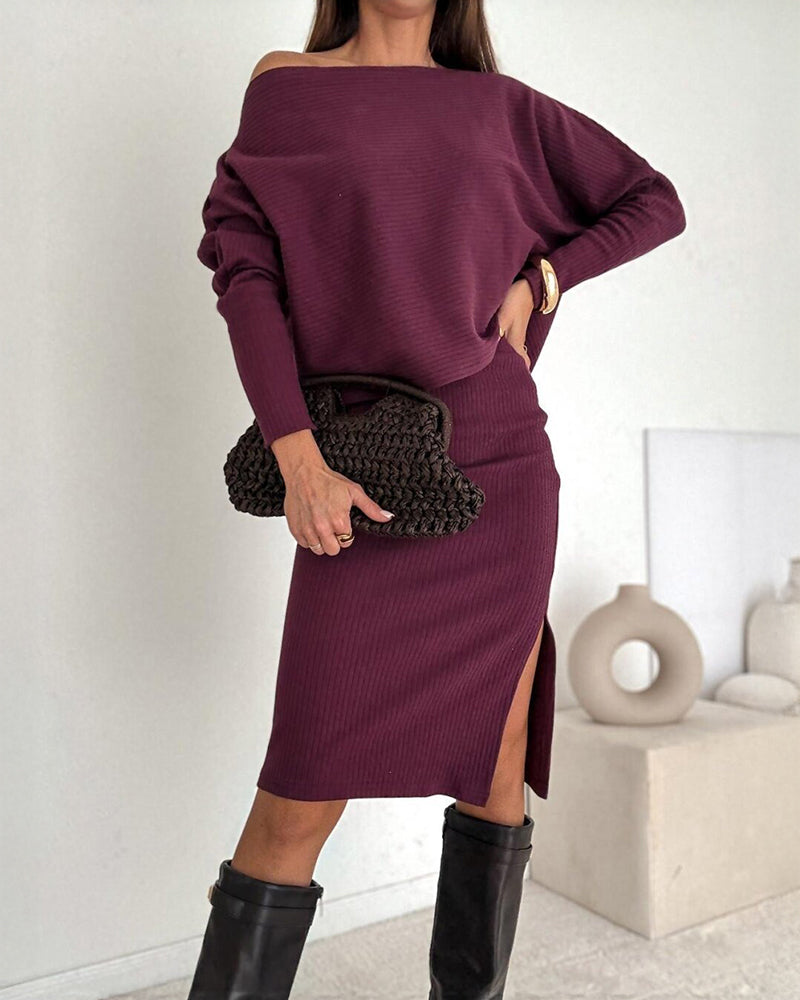 2 Pieces Outfit Skew Neck Batwing Sleeve Top and Side Slit Skirt Set Casual Ribbed Set
