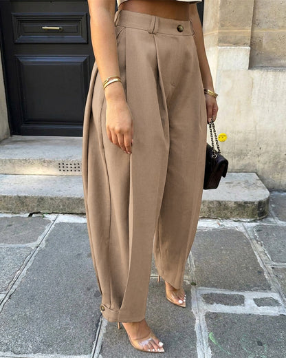 Pantalón harén para mujer de cintura alta con pliegues, bolsillos y puños abotonados