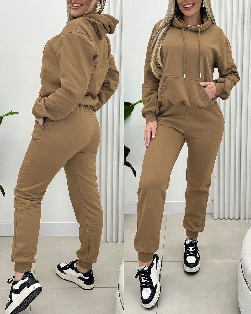 2 Pieces Outfit Kangaroo Pocket Thermal Lined Drawstring Hoodie Sweatshirt and Casual Elastic Waist Cinched Ribbed Cuffs Sporty Sweatpants Set