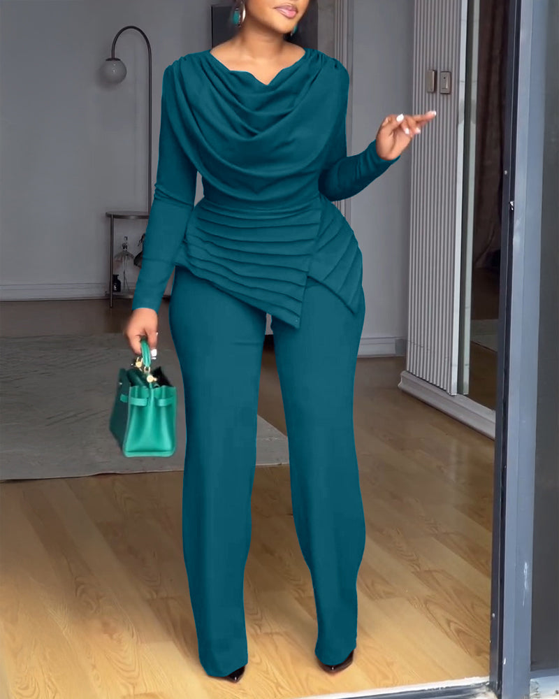 Cowl Neck Asymmetrical Textured Patchwork Cinched Waist Jumpsuit Casual Zipper Back Wide Leg Jumpsuit