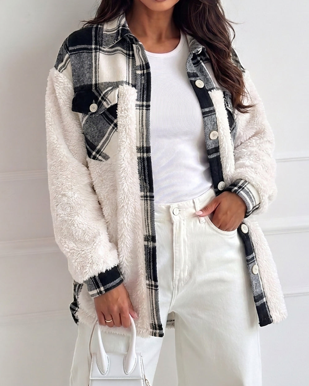 Veste polaire à carreaux pour femmes, veste décontractée à manches longues boutonnée en fausse peau de mouton