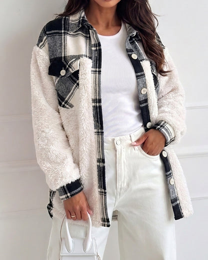 Veste polaire à carreaux pour femmes, veste décontractée à manches longues boutonnée en fausse peau de mouton
