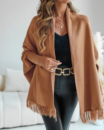Tassel Design Long Sleeve Slit Cardigan Fashion Versatile Warm Cape Shawl