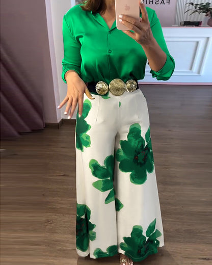 2 Pieces Outfit Long Sleeve Satin Blouse and Casual Floral Print High Waist Wide Leg Pants Set