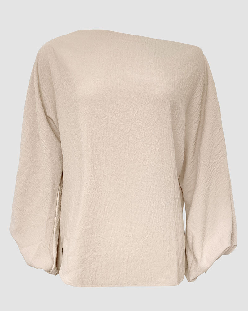 Women's French Style Off Shoulder Blouse Elegant Lantern Sleeve Top Versatile Skew Neck Textured Shirt
