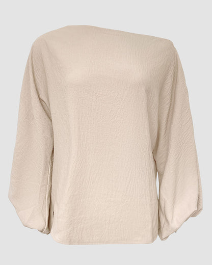 Women's French Style Off Shoulder Blouse Elegant Lantern Sleeve Top Versatile Skew Neck Textured Shirt