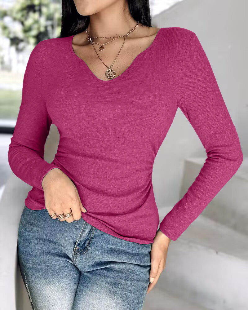 Chicme Built In Bra Notch Neck Long Sleeve Shirts Rib Knit Ruched Waist Top