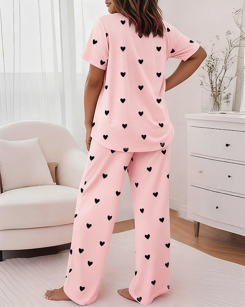 Valentine's Day 2 Pieces Outfit Round Neck Short Sleeve Top and Elastic Waist Pants Set Casual Heart Print Loose Fit Pajamas Set