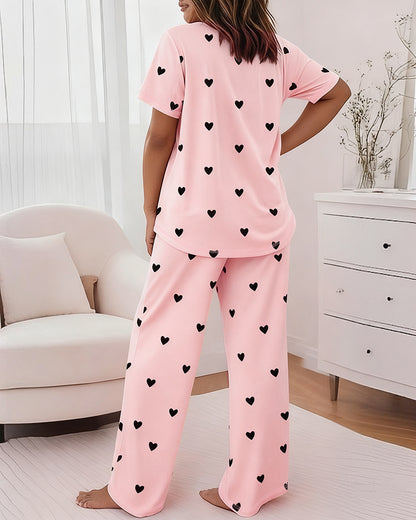 Valentine's Day 2 Pieces Outfit Round Neck Short Sleeve Top and Elastic Waist Pants Set Casual Heart Print Loose Fit Pajamas Set