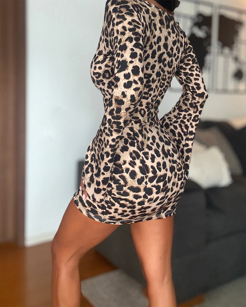Women's Square Neck Leopard Print Dress Flare Long Sleeve Bodycon Mini Party Dress