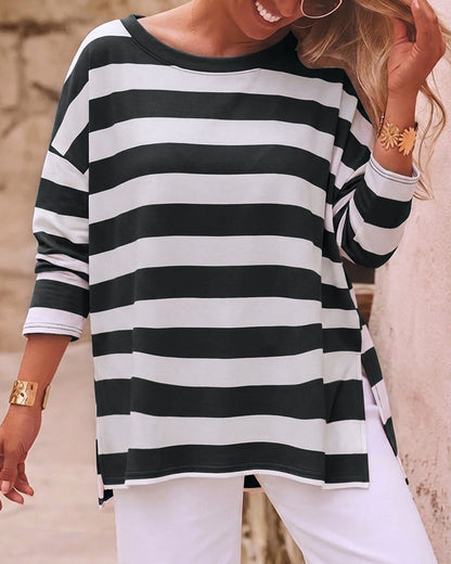 Women's Striped T Shirt Long Sleeve Drop Shoulder Crewneck Tee Side Slit Casual Loose Fit Top