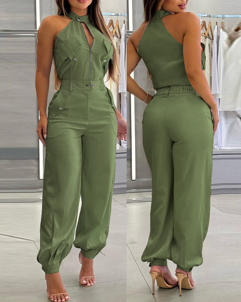 2 Pieces Outfits Sleeveless High Neck Cargo Pockets Design Top And Casual Cuffed Long Pants Set