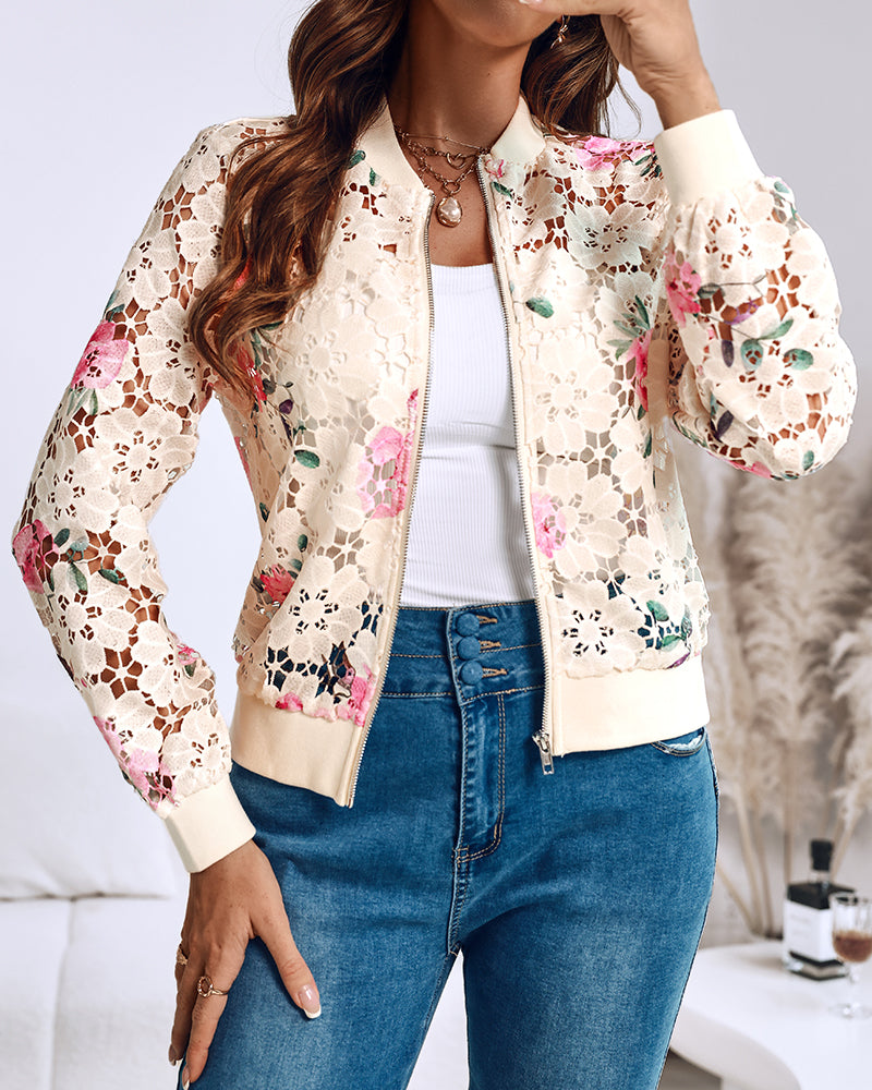 Floral Print Zip Up Water-Soluble Lace Baseball Coat Casual Hollow-out Bomber Crop Jacket