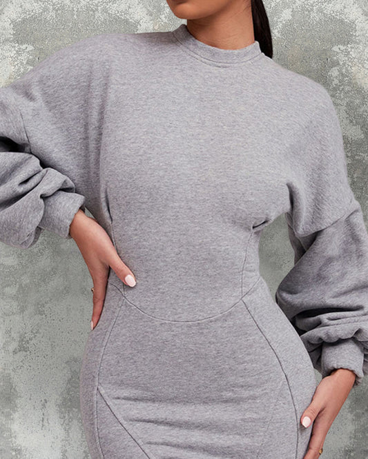 Lantern Sleeve Bodycon Pullover Sweatshirt Dress Crew Neck Mini Dress