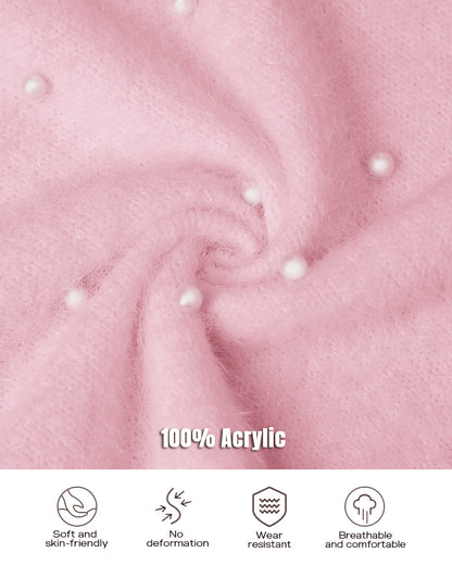 V Neck Long Sleeve Beaded Decor Oversized Sweater Fluffy Pullover Top