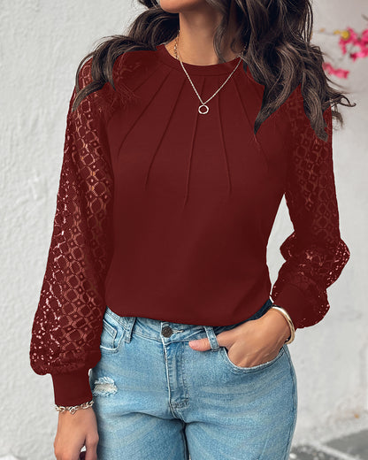 Contrast Lace Round Neck Lantern Sleeve Ruched Blouse Elegant Shirt
