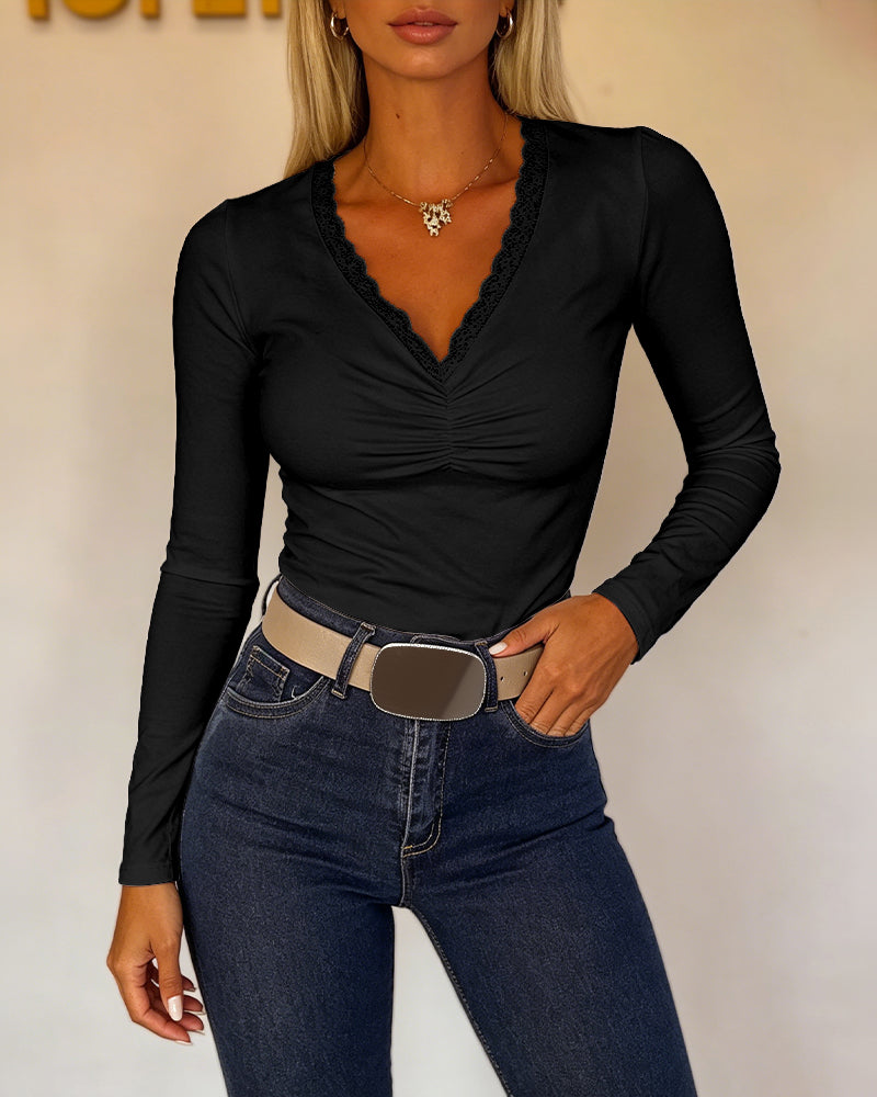Women's Lace V Neck Ruched T Shirt Slim Fit Long Sleeve Tee Casual Elegant Top