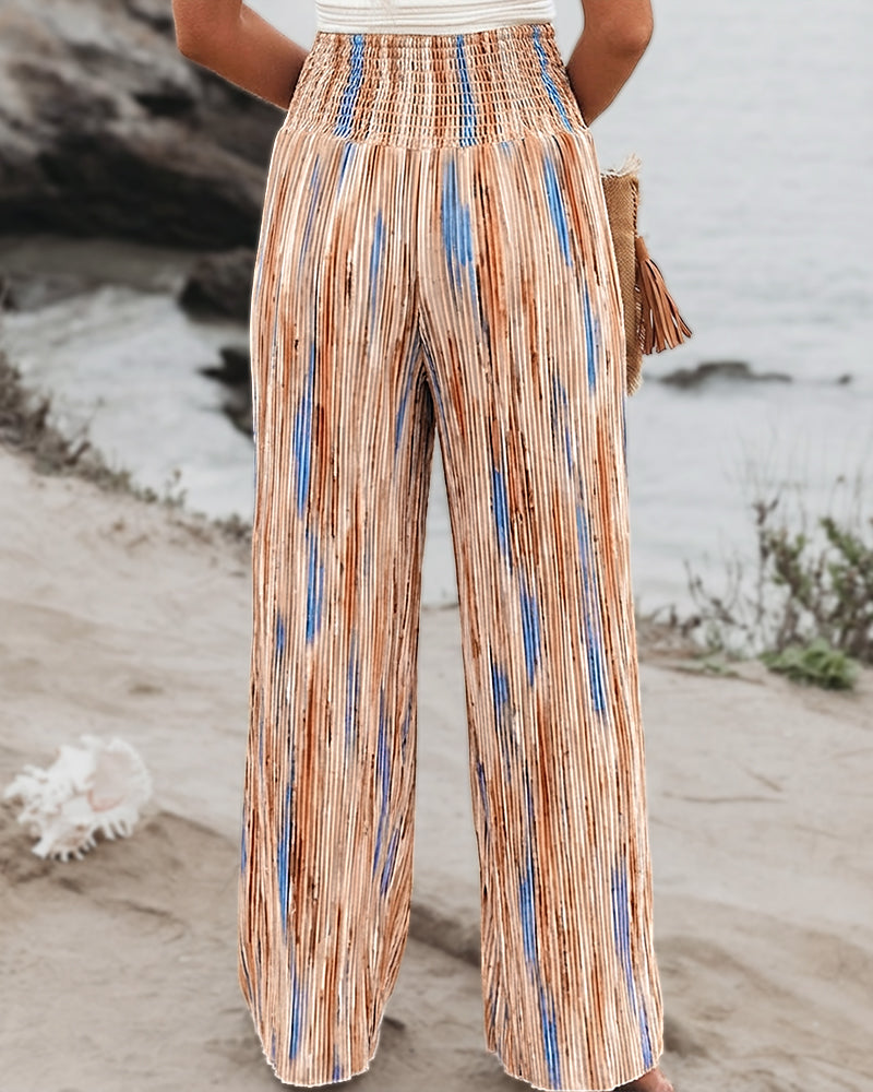 Tie Dye Print High Wait Elastic Waist Pleated Wide Leg Pants