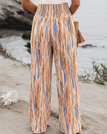 Tie Dye Print High Wait Elastic Waist Pleated Wide Leg Pants