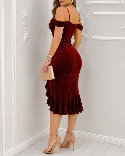 Women's Rhinestone Velvet Asymmetrical Dress Pearl Strap Cold Shoulder Ruffle Mermaid Evening Gown