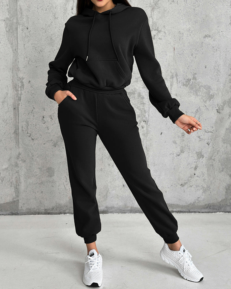 2 Pieces Outfit Kangaroo Pocket Thermal Lined Drawstring Hoodie Sweatshirt and Casual Elastic Waist Cinched Ribbed Cuffs Sporty Sweatpants Set