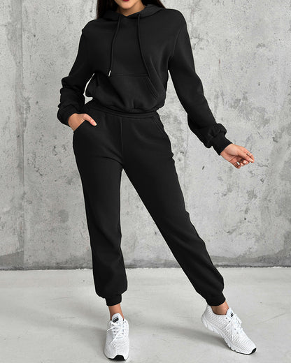 2 Pieces Outfit Kangaroo Pocket Thermal Lined Drawstring Hoodie Sweatshirt and Casual Elastic Waist Cinched Ribbed Cuffs Sporty Sweatpants Set