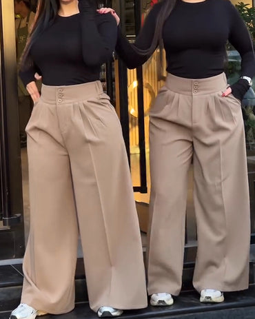 Stylish Plain High Waist Adjustable Button Pants Casual Back Shirred Wide Leg Pants with Pockets