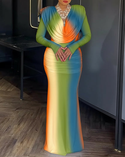 Tie Dye Print Cowl Neck Long Sleeve Backless Maxi Dress Slim Fit Zipper Back Ruched Mermaid Hem Evening Dress