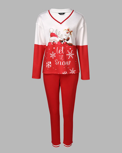 2 Piece Christmas Cartoon Santa Slaus Reindeer Let it Snow Print Long Sleeve Top Stretchy Waist Tracksuit Set