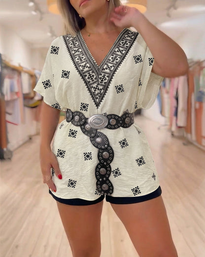 Vintage Baroque Print Off Shoulder Split Sleeve Convertible Shoulder Casual Top with Bandeau