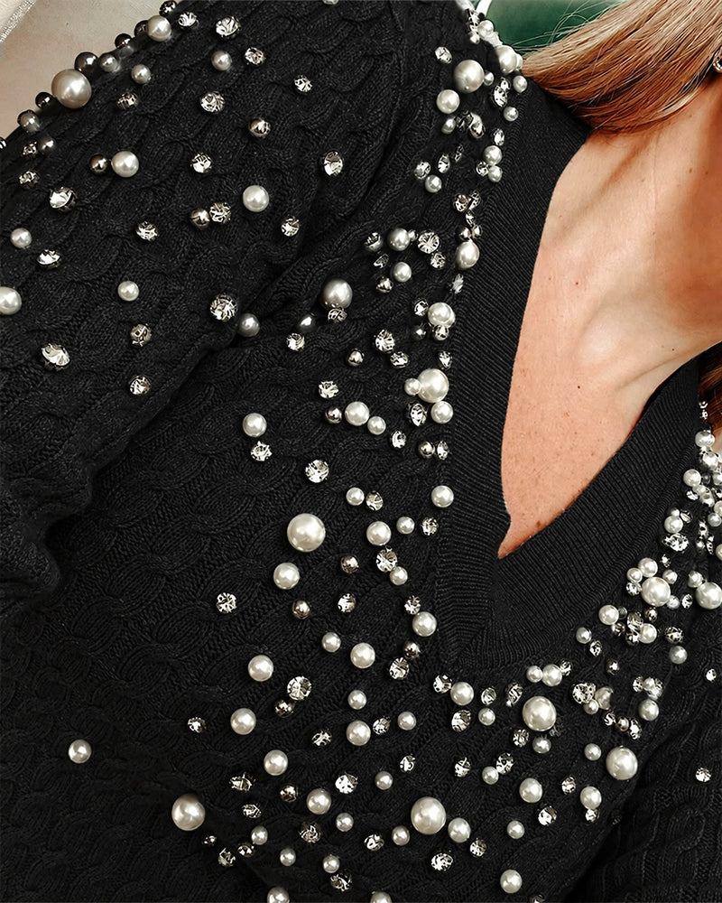 Rhinestone & Pearls Decor V-Neck Cable Textured Knit Sweater