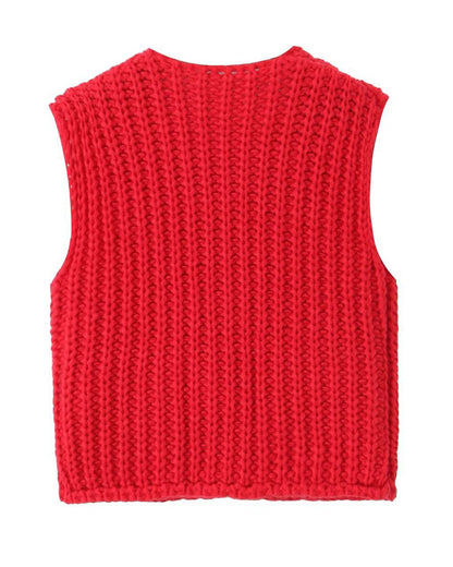V-Neck Sleeveless Button Front Knit Vest Casual Loose Fit Sweater Top with Pockets
