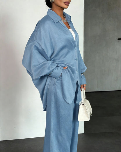 2 Pieces Outfit Turn-down Collar Long Sleeve Button Front Curved Hem Top and Drawstring Elastic Waist Pants Set