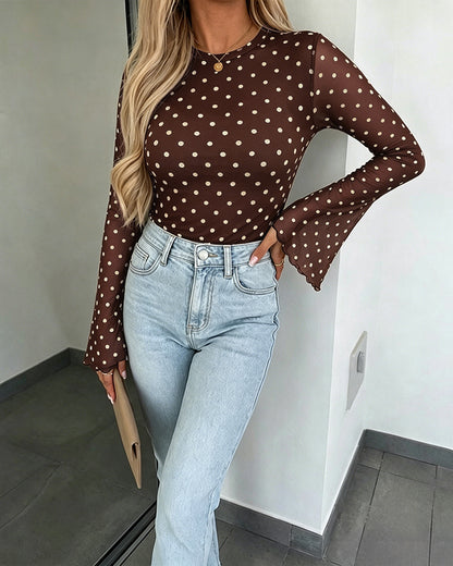 Women's Polka Dot Mesh Top Flare Long Sleeve Boat Neck Lined Asymmetric Frill Hem Blouse Vintage Party Shirt