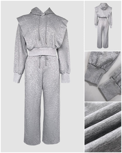 2 Pieces Outfit Long Sleeve Crop Drawstring Hoodie Sweatshirt With Thumb Hole Cuffs And Casual Drawstring Elastic Waist Wide Leg Sweatpants Set